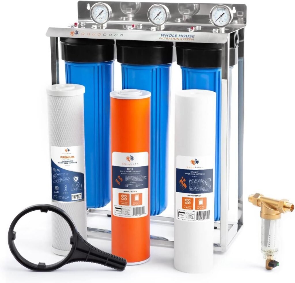 Aquaboon 20x4.5” 3-Stage Whole House Water Filter System for Well Water Freestanding Stainless-Steel Bracket Pressure Gauges - Water Filtration System: KDF, Activated Carbon Block, Sediment Filter