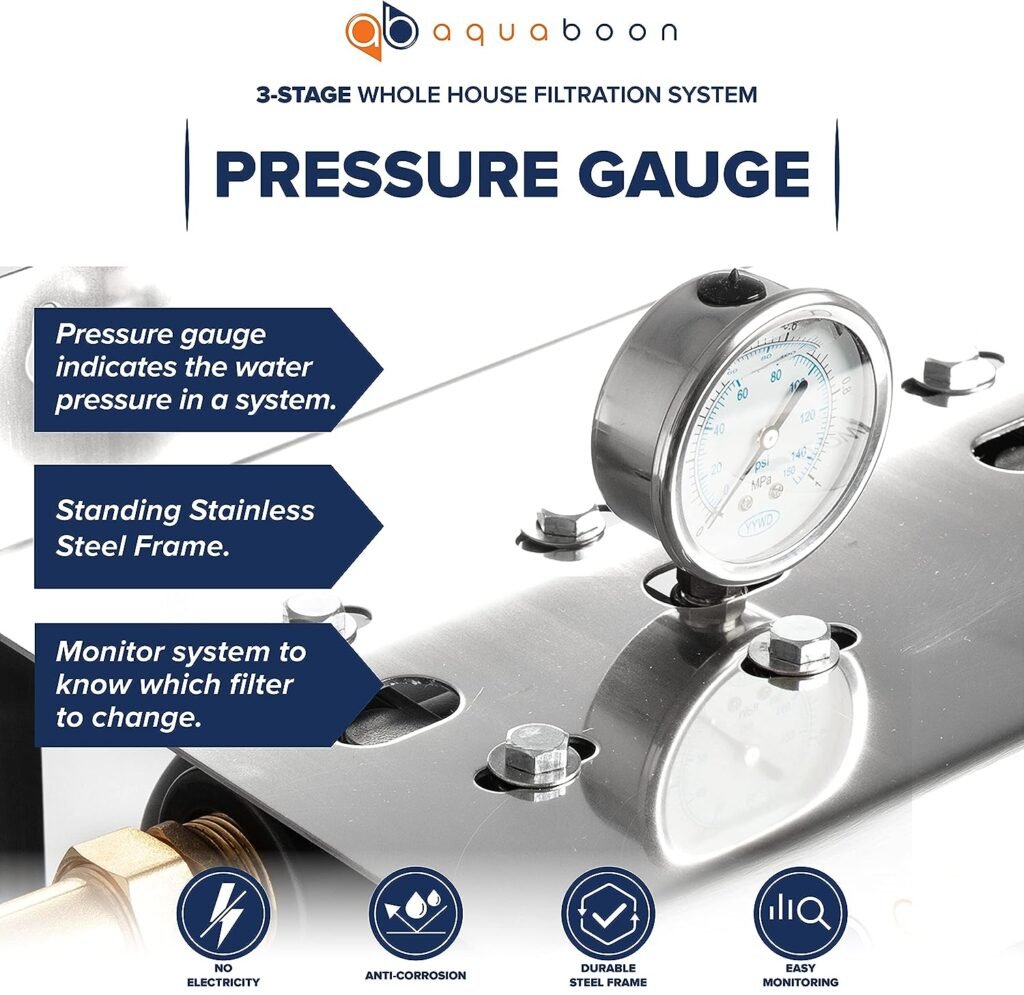 Aquaboon 20x4.5” 3-Stage Whole House Water Filter System for Well Water Freestanding Stainless-Steel Bracket Pressure Gauges - Water Filtration System: KDF, Activated Carbon Block, Sediment Filter