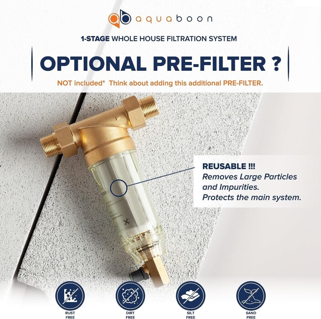 Aquaboon 20x4.5” 3-Stage Whole House Water Filter System for Well Water Freestanding Stainless-Steel Bracket Pressure Gauges - Water Filtration System: KDF, Activated Carbon Block, Sediment Filter
