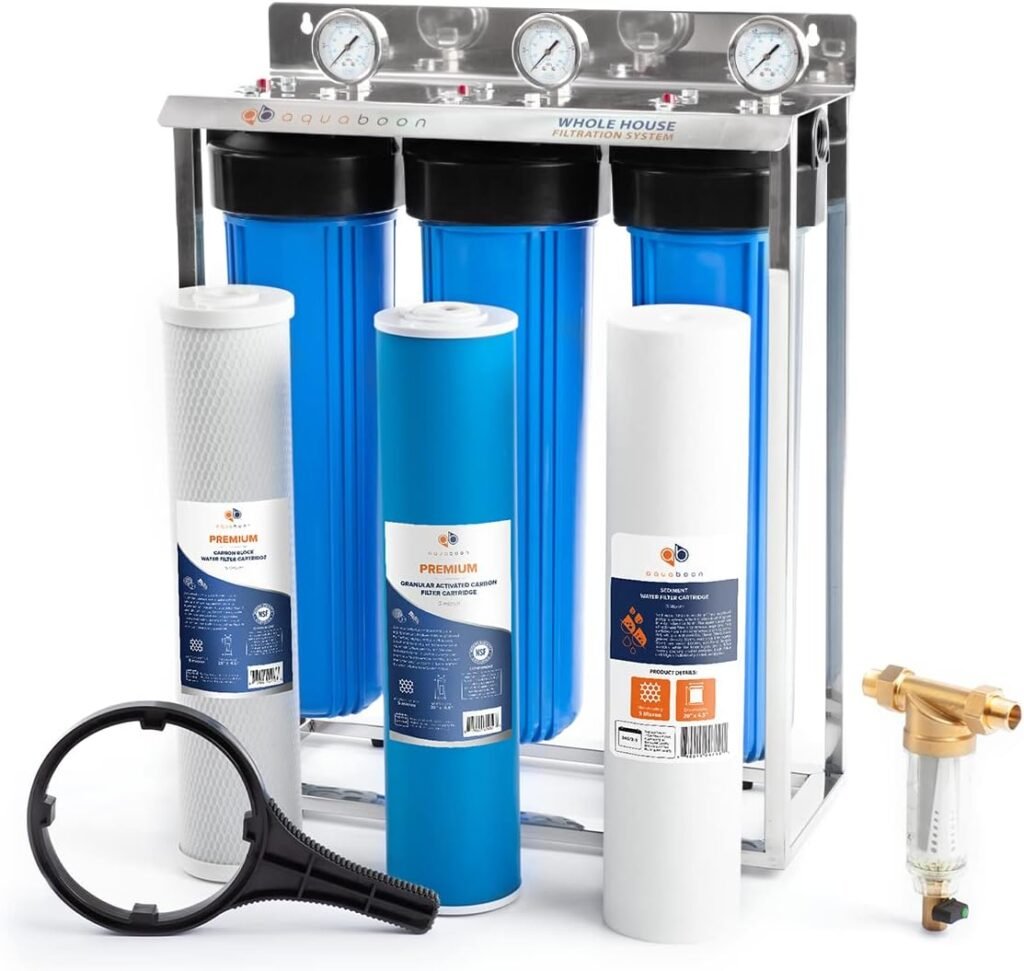 Aquaboon 20x4.5 3 Stage Whole House Water Filtration System with Big Housings  Pressure Gauges - GAC Filter, Carbon Block, Sediment Filter Cartridges - Whole Home Water Filters Portable Steal Frame