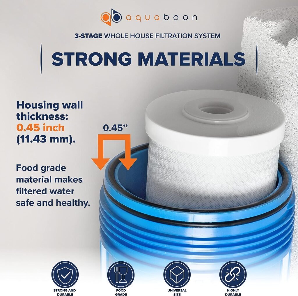 Aquaboon 20x4.5 3 Stage Whole House Water Filtration System with Big Housings  Pressure Gauges - GAC Filter, Carbon Block, Sediment Filter Cartridges - Whole Home Water Filters Portable Steal Frame