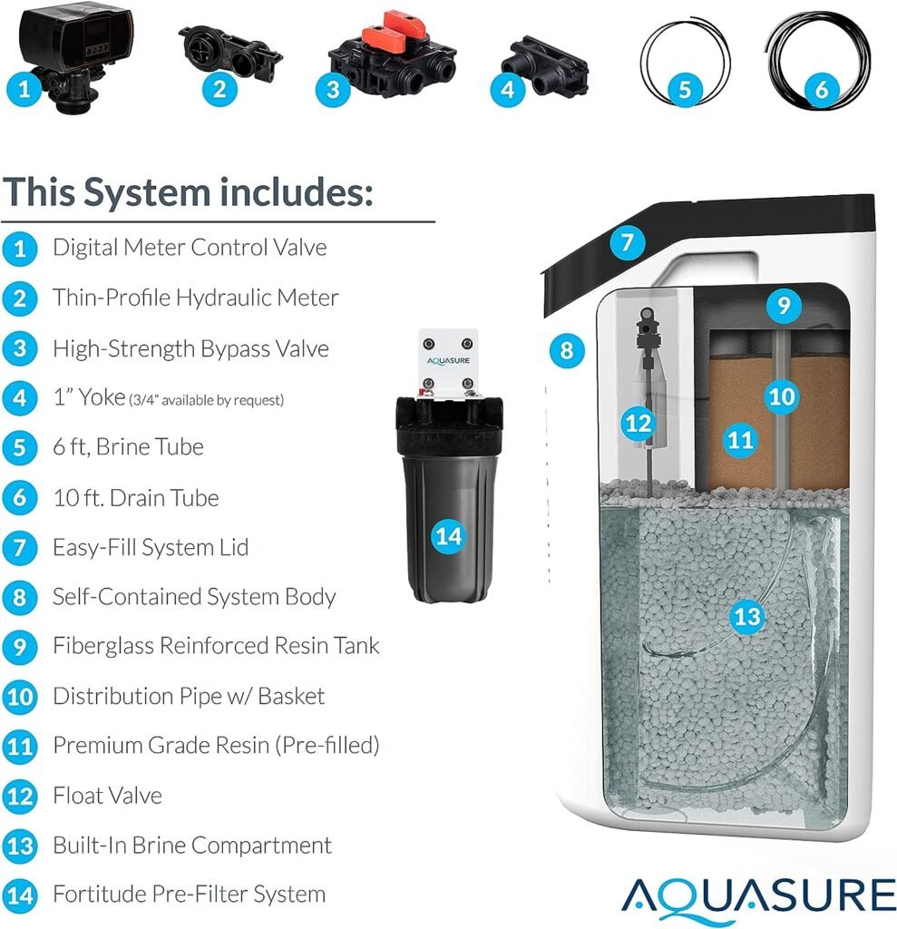 Aquasure Harmony Lite All-in-One Water Softener w/Triple Purpose Pre-Filter, 34,000 Grain, Low Maintenance, Water Saving Technology, 5-Year Warranty, US-Tech Support, Iron Reducing Fine Mesh Resin