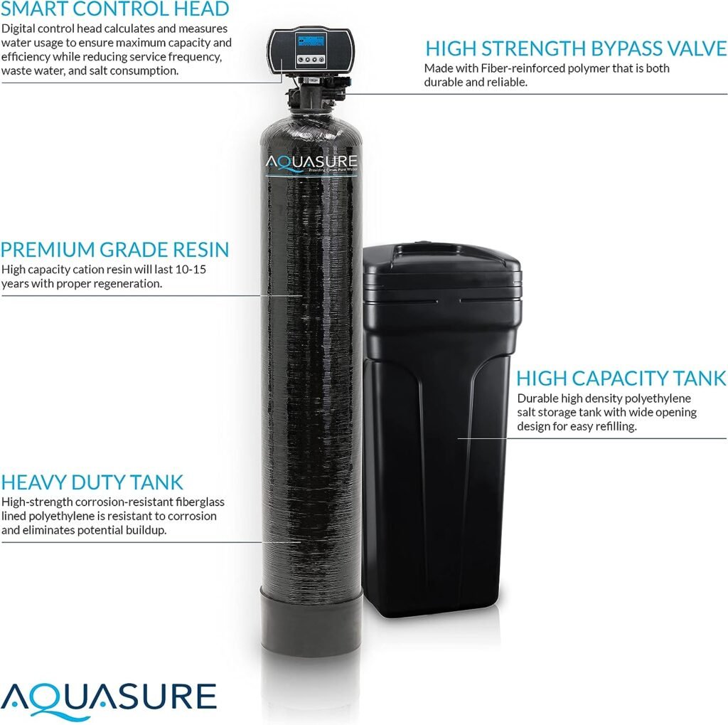 Aquasure Harmony Series 48,000 Grains Whole House Water Softener Bundle with Automatic Digital Metered Control Head and Triple Purpose Sediment/GAC/Zinc Pre-Filters, Reduces Hardness (3-4 bathrooms)