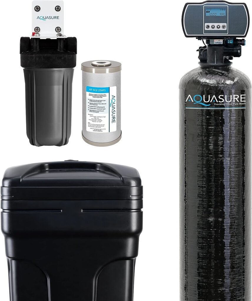 Aquasure Harmony Series 48,000 Grains Whole House Water Softener Bundle with Automatic Digital Metered Control Head and Triple Purpose Sediment/GAC/Zinc Pre-Filters, Reduces Hardness (3-4 bathrooms)