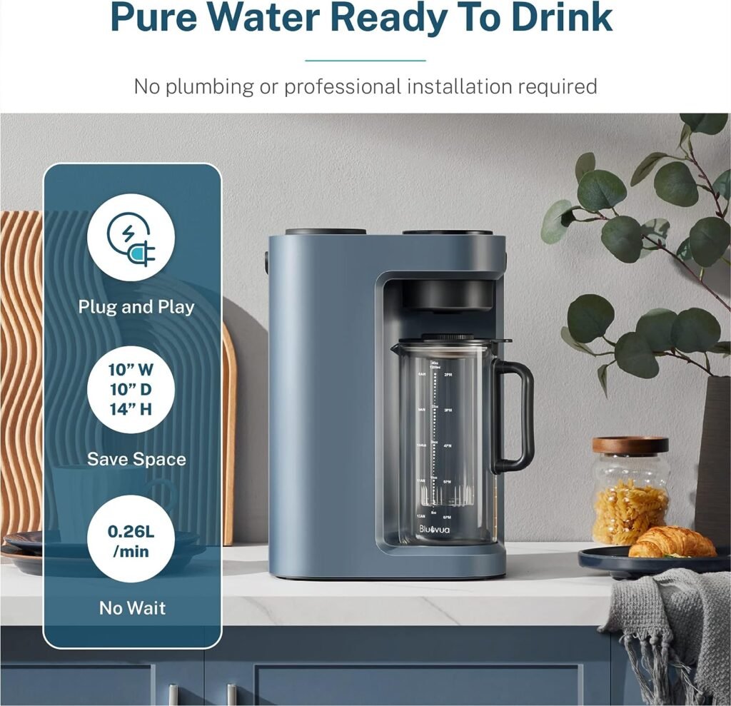 Bluevua RO100ROPOT-LITE Countertop Reverse Osmosis Water Filter System, 5 Stage Purification, 3:1 Pure to Drain, Portable Water Purifier (No Installation Required) (Blue)