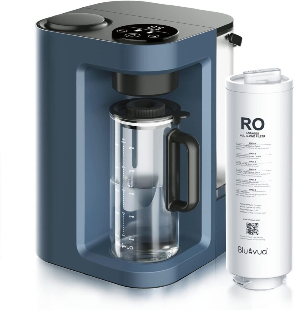 Bluevua RO100ROPOT-LITE Countertop Reverse Osmosis Water Filter System, 5 Stage Purification, 3:1 Pure to Drain, Portable Water Purifier (No Installation Required) (Blue)