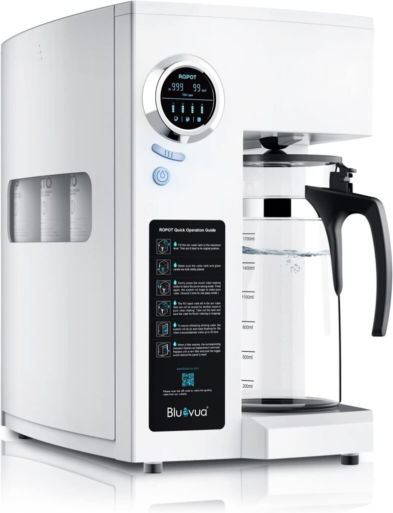 Bluevua RO100ROPOT Reverse Osmosis System Countertop Water Filter, 4 Stage Purification, Counter RO Filtration, 2:1 Pure to Drain, Purified Tap Water, Portable Water Purifier for Home