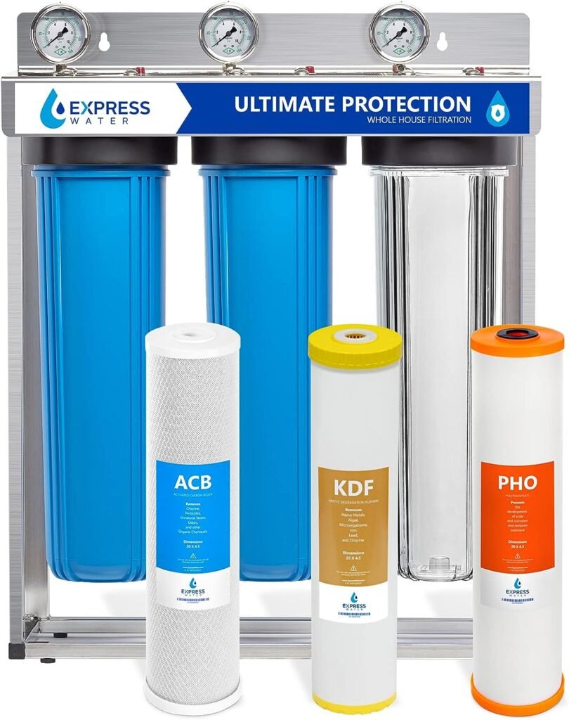 Express Water Heavy Metal Anti-Scale Whole House Water Filter – 3 Stage Whole House Water Filtration System – Polyphosphate, KDF, Carbon Filters – Pressure Gauges, Easy Release, 1” Inch Connections