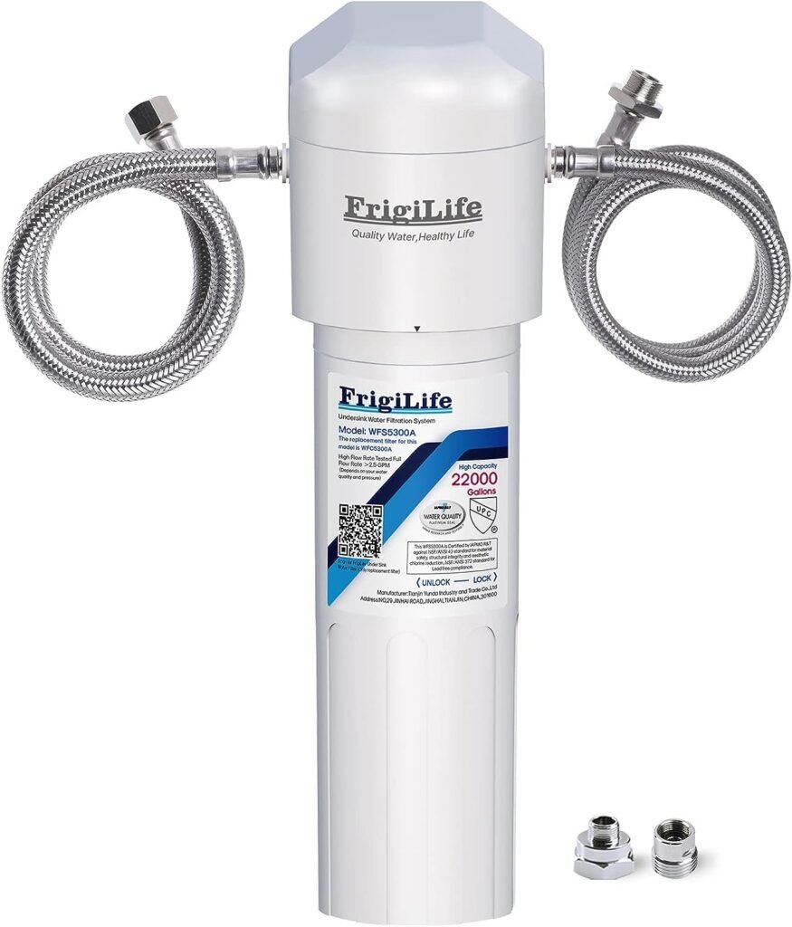 FrigiLife Under Sink Water Filter System, 22K Gallons Ultra High Capacity, Direct Connect Under Counter Drinking Water System, 0.5 Micron, Removes 99.99% Chlorine, Large particles, Bad Taste and Odor.