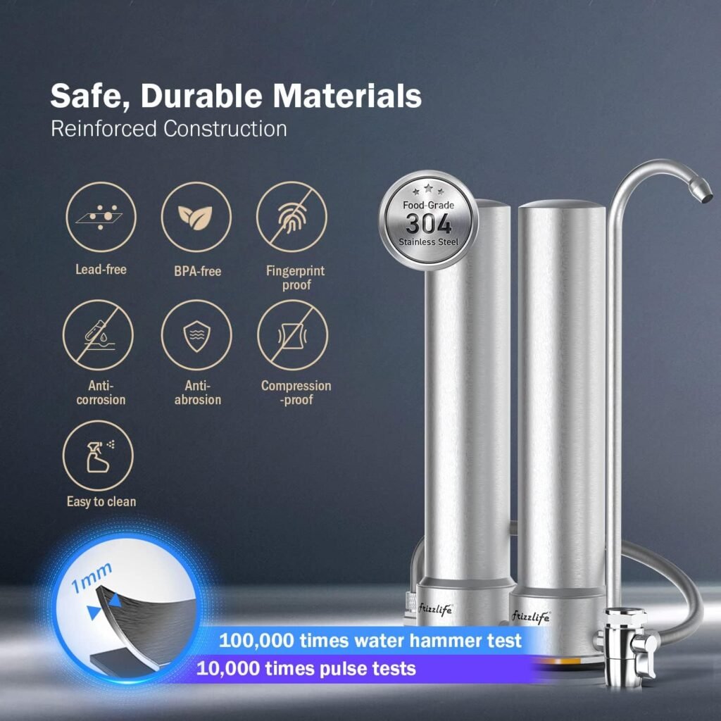 Frizzlife DS99 Countertop Water Filter System, 8-Stage Stainless Steel Faucet Water Filtration, 0.5 Micron NSF Certified Elements Reduces 99.99% Lead, Chlorine, Heavy Metals, Bad Taste  Odor