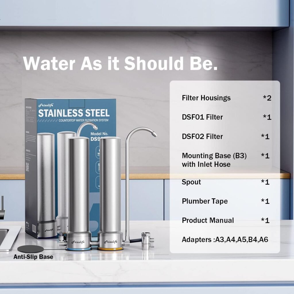 Frizzlife DS99 Countertop Water Filter System, 8-Stage Stainless Steel Faucet Water Filtration, 0.5 Micron NSF Certified Elements Reduces 99.99% Lead, Chlorine, Heavy Metals, Bad Taste  Odor