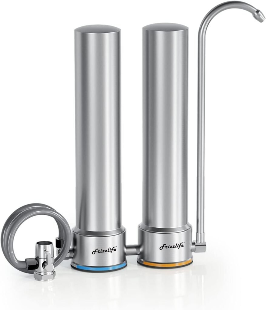 Frizzlife DS99 Countertop Water Filter System, 8-Stage Stainless Steel Faucet Water Filtration, 0.5 Micron NSF Certified Elements Reduces 99.99% Lead, Chlorine, Heavy Metals, Bad Taste  Odor