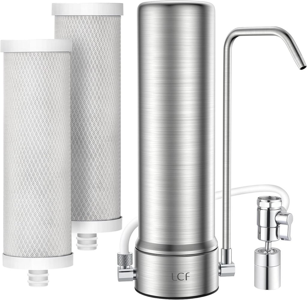 LCF Countertop Water Filter, 5-Stage Stainless Steel Water Filtration System, Reduces Heavy Metals, Bad Taste  99% Chlorine, 16,000 Gallons Faucet Water Filter, Free 360° Rotary Aerator(2 Filters)