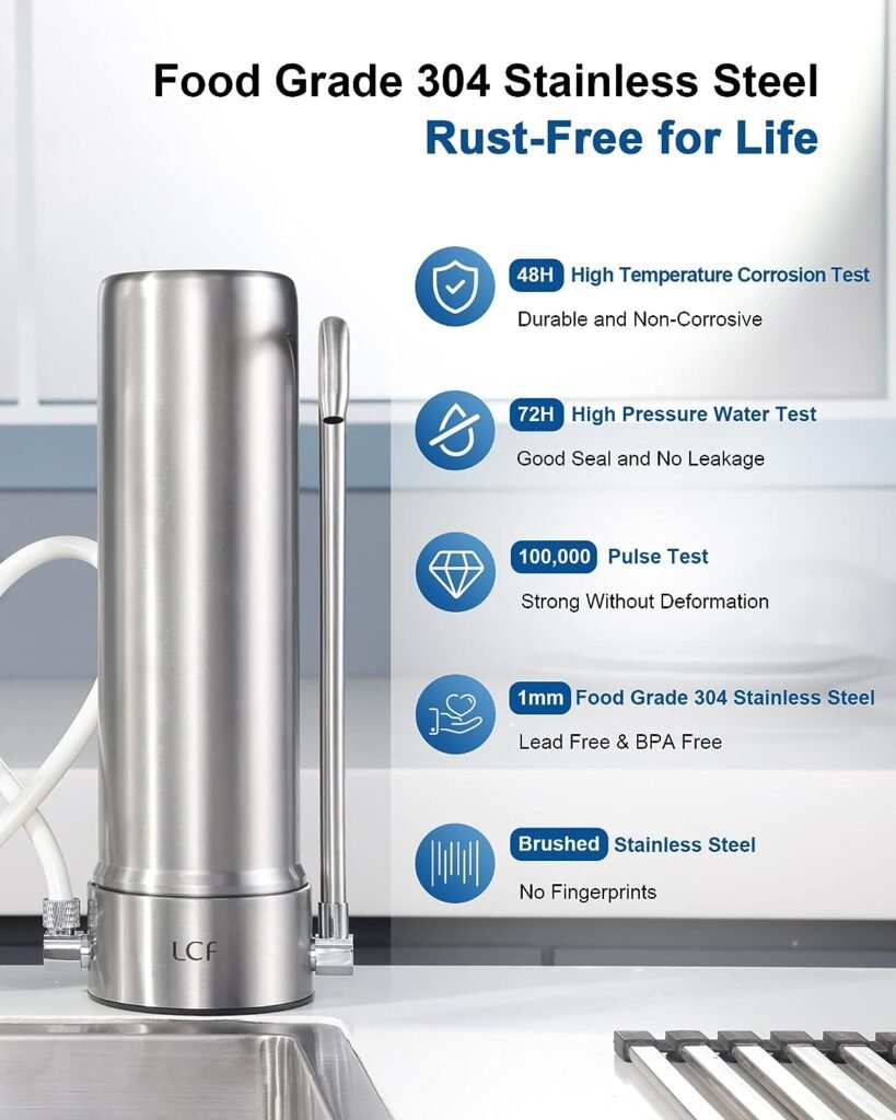 LCF Countertop Water Filter, 5-Stage Stainless Steel Water Filtration System, Reduces Heavy Metals, Bad Taste  99% Chlorine, 16,000 Gallons Faucet Water Filter, Free 360° Rotary Aerator(2 Filters)