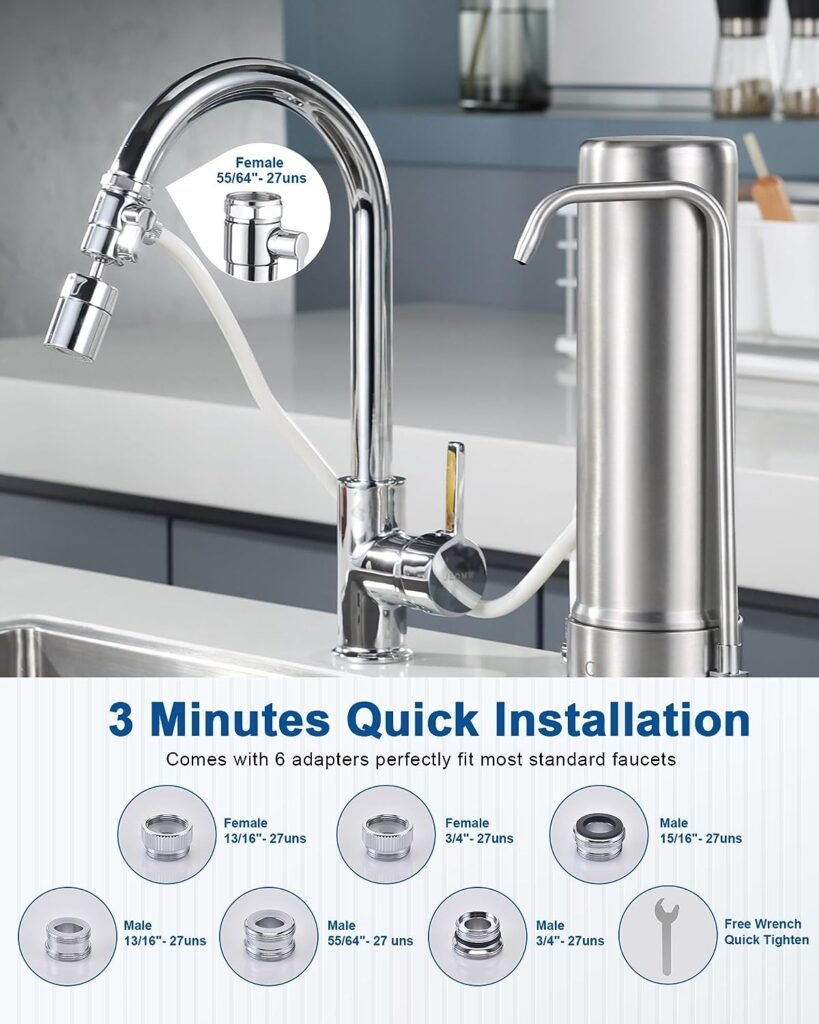 LCF Countertop Water Filter, 5-Stage Stainless Steel Water Filtration System, Reduces Heavy Metals, Bad Taste  99% Chlorine, 16,000 Gallons Faucet Water Filter, Free 360° Rotary Aerator(2 Filters)