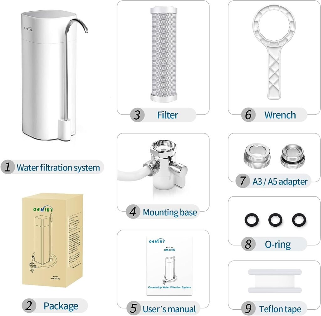 OEMIRY Countertop Water Filtration System, NSF/ANSI 42372 Certified, 8000 Gallons Alkaline Water Filter, Reduces 99.99% Lead, Chlorine, Heavy Metals, Bad Taste  Odor (1 Filter Included)