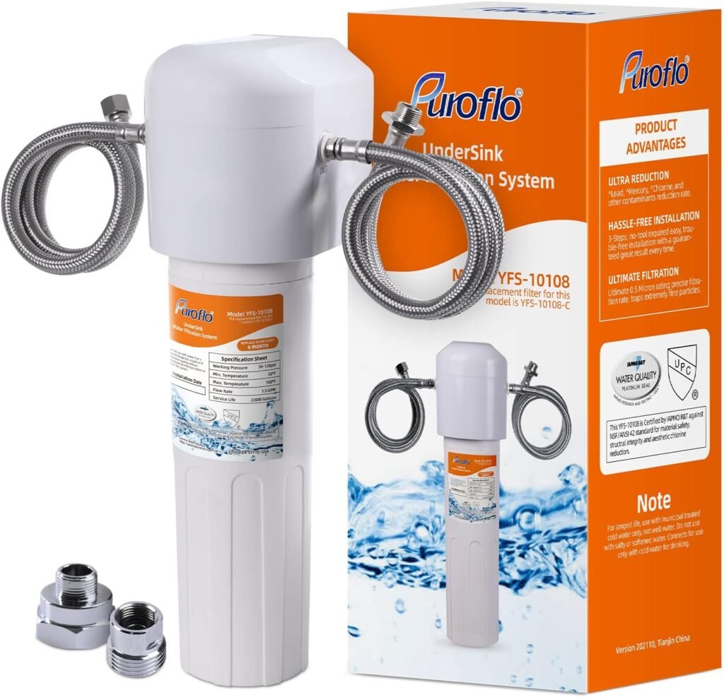 Puroflo Undersink Water Filter System, Ultra High 22000G Capacity, Directly Connect Under Counter Drinking Water System, NSF/ANSI 42 Certified, Removes Chlorine Odor Heavy Metals, USA Tech Support