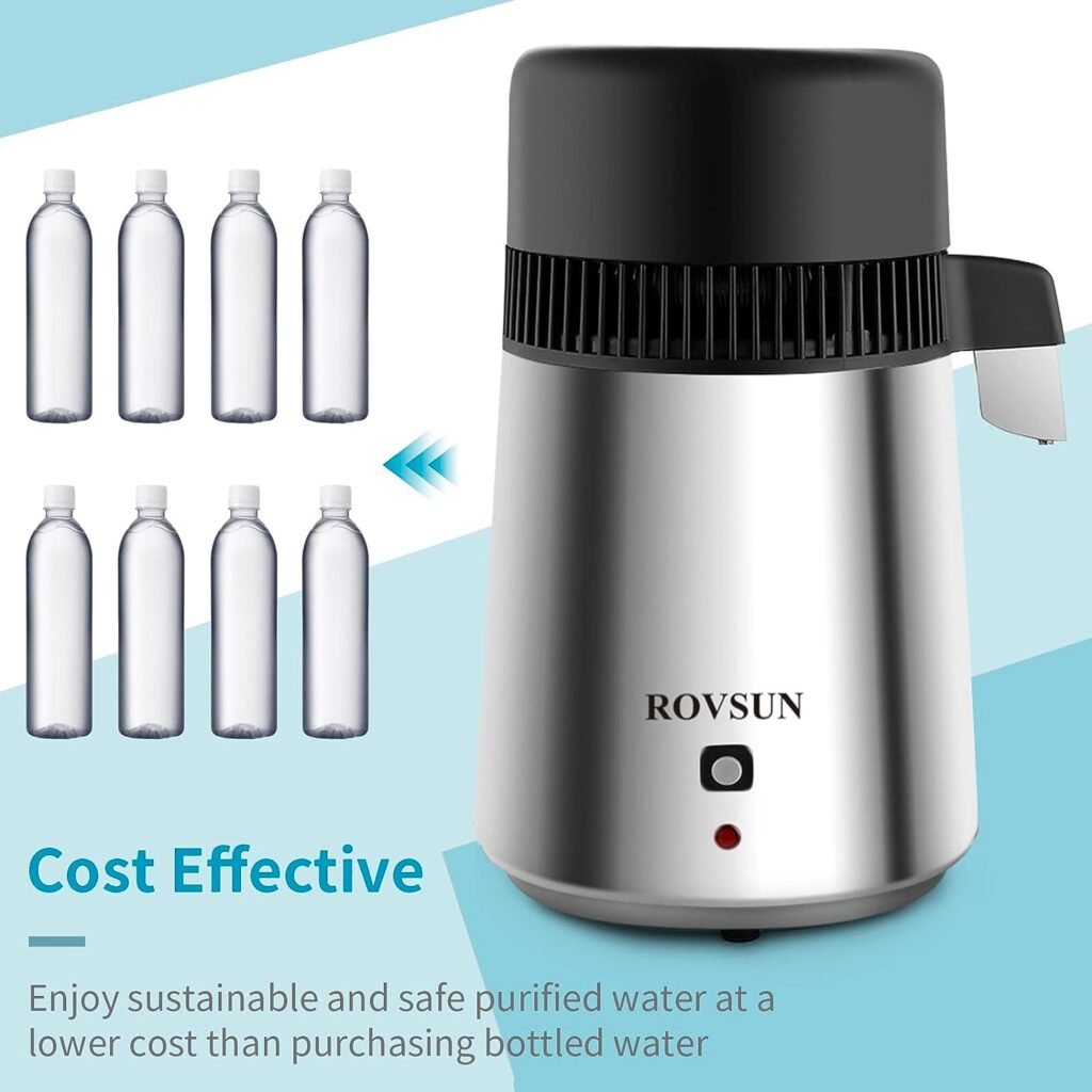 ROVSUN 1.1 Gallon/4L Water Distiller Stainless Steel for Home, 750W Distilled Water Maker Machine Water Distillers Countertop with Glass Container, 1L/H