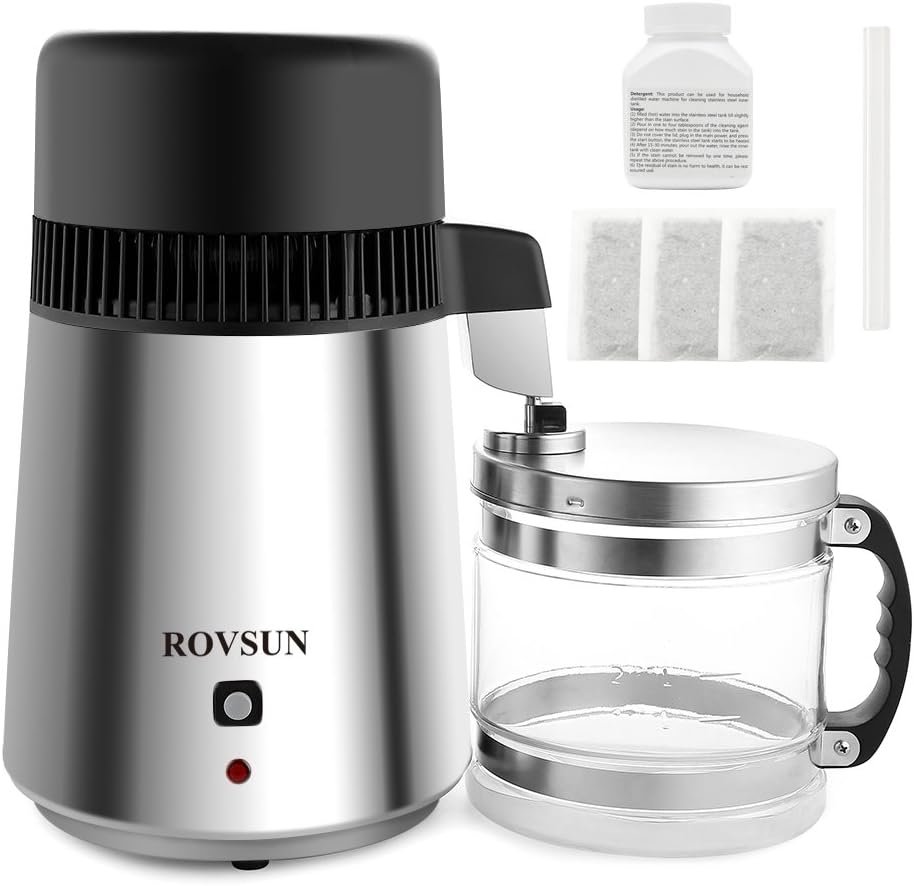 ROVSUN 1.1 Gallon/4L Water Distiller Stainless Steel for Home, 750W Distilled Water Maker Machine Water Distillers Countertop with Glass Container, 1L/H