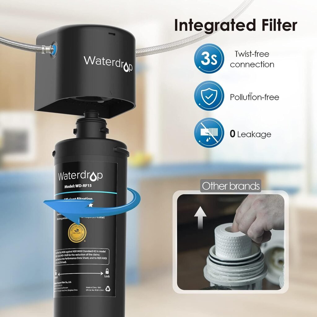 Waterdrop 15UA Under Sink Water Filter System, 2 Years Capacity, NSF/ANSI 42 Certified, Reduces PFAS, PFOA/PFOS, Lead, Chlorine, Odor, Under Counter Water Filter Direct Connect to Kitchen Faucet