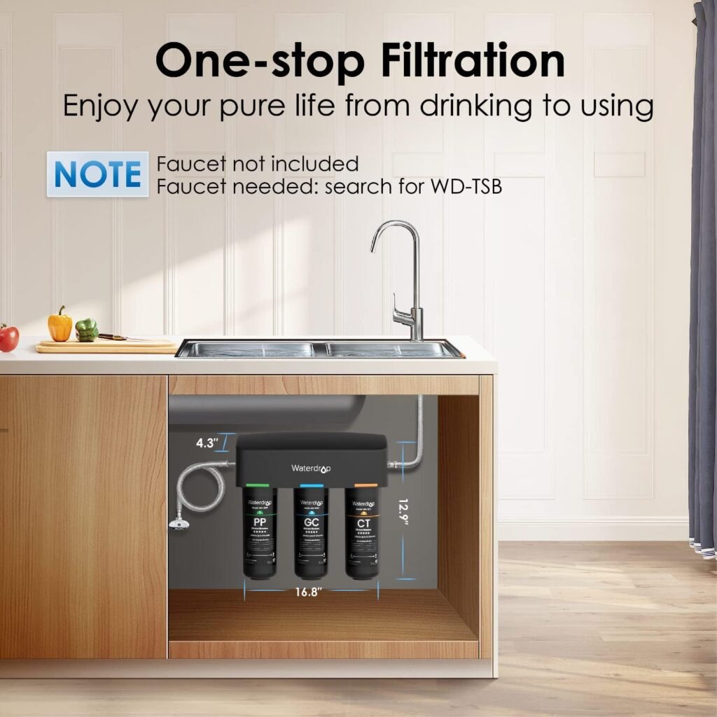 Waterdrop TSA 3-Stage Under Sink Water Filter, Water Filtration System Under Sink System, Direct Connect to Home Faucet, NSF/ANSI 42 Certified Element, USA Tech