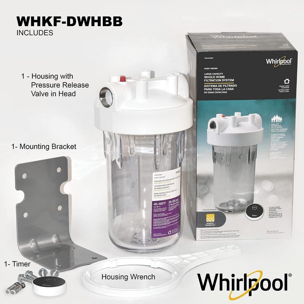 Whirlpool Large Capacity 10 x 4.5 Whole House Water Filter System WHKF-DWHBB, 1 Port, NSF Certified Reduces Sediment, Sand, Soil, Silt, Rust, Includes Installation Kit  Timer, Filter Not Included