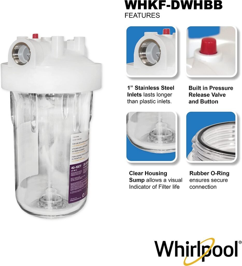 Whirlpool Large Capacity 10 x 4.5 Whole House Water Filter System WHKF-DWHBB, 1 Port, NSF Certified Reduces Sediment, Sand, Soil, Silt, Rust, Includes Installation Kit  Timer, Filter Not Included