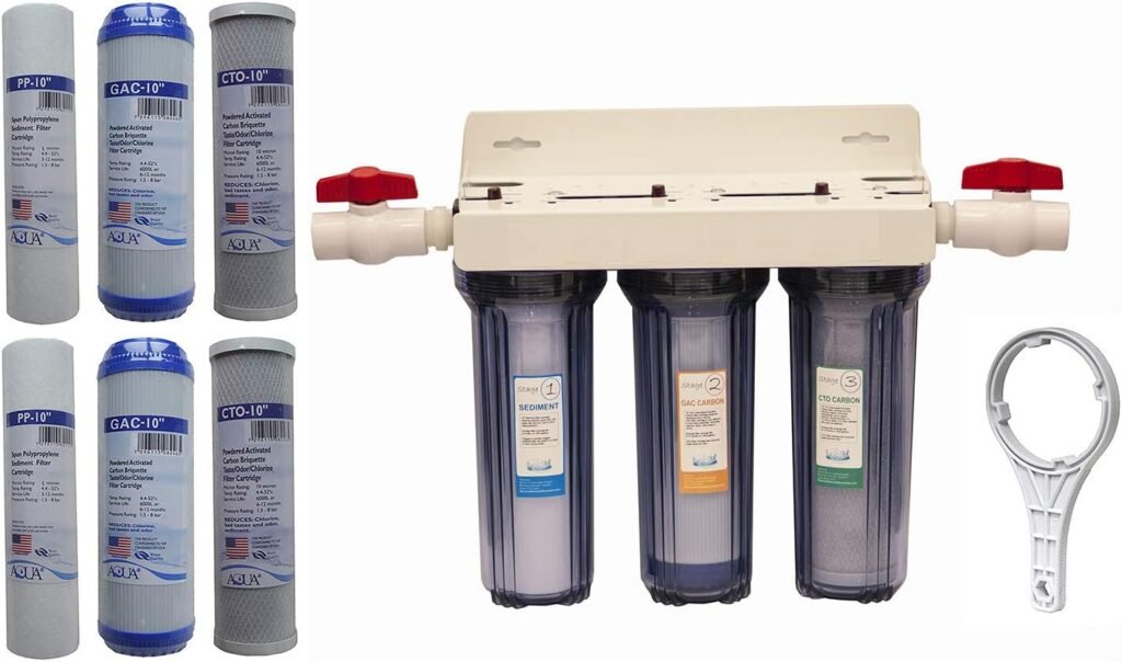 Whole House 3-Stage Water Filtration System, 3/4 port with 2 valves and extra 1 year filter supply (2 sets, 6 pcs)