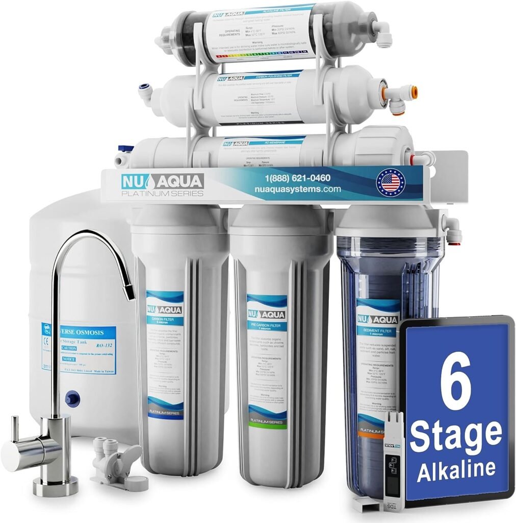 NU Aqua 6-Stage Alkaline Under Sink Reverse Osmosis Water Filter System - 100 GPD RO Filtration Remineralization - Faucet Tank - PPM Meter - 100GPD Undersink - Home Kitchen Drinking Water Purifier NU Aqua 6-Stage Alkaline Under Sink Reverse Osmosis Water Filter System - 100 GPD RO Filtration Remineralization - Faucet Tank - PPM Meter - 100GPD Undersink - Home Kitchen Drinking Water Purifier