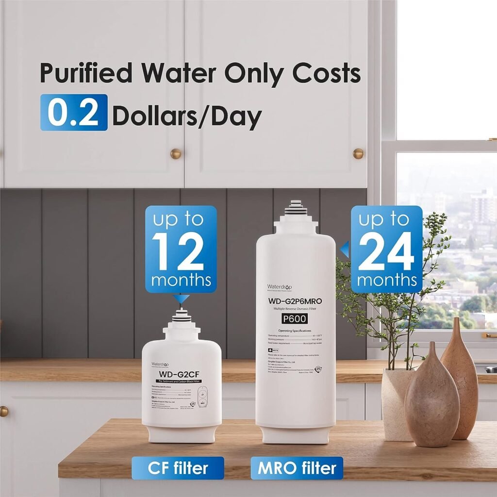Waterdrop G2P600 Reverse Osmosis System, 600 GPD Reverse Osmosis Water Filter, 7 Stage Tankless RO Water Filter System, Under Sink RO System, 2:1 Pure to Drain, Reduce PFAS, FCC Listed, USA Tech