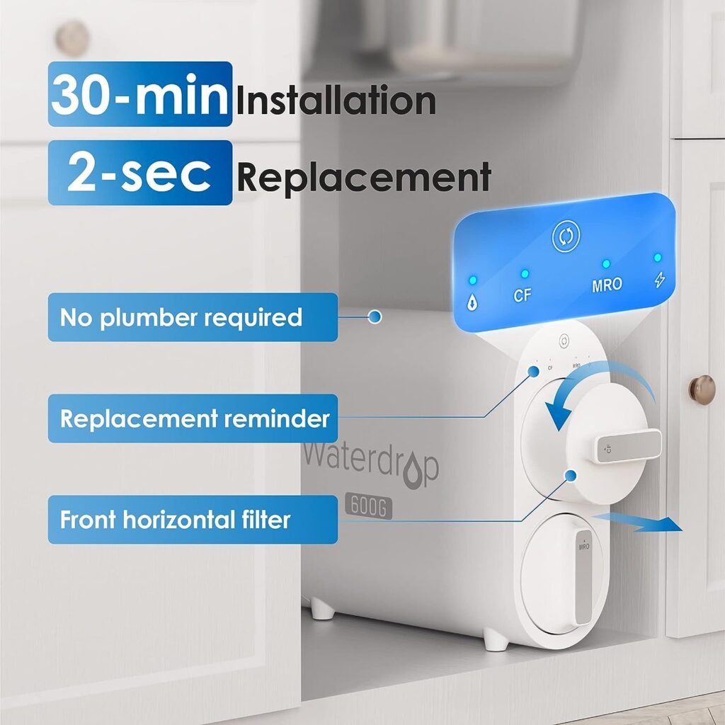 Waterdrop G2P600 Reverse Osmosis System, 600 GPD Reverse Osmosis Water Filter, 7 Stage Tankless RO Water Filter System, Under Sink RO System, 2:1 Pure to Drain, Reduce PFAS, FCC Listed, USA Tech